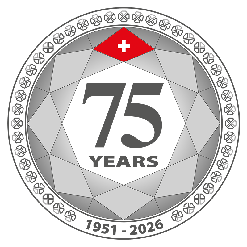 Jowissa 75th Anniversary emblem featuring the Swiss flag on faceted glass. Celebrating a family-owned Swiss watch micro-brand since 1951.