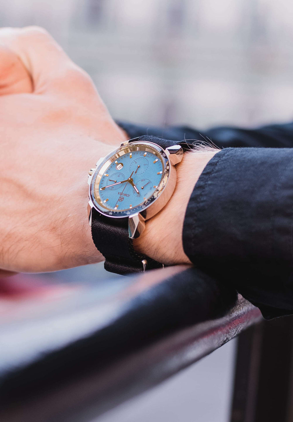 swiss made watch for men with black strap and blue dial - made in switzerland 