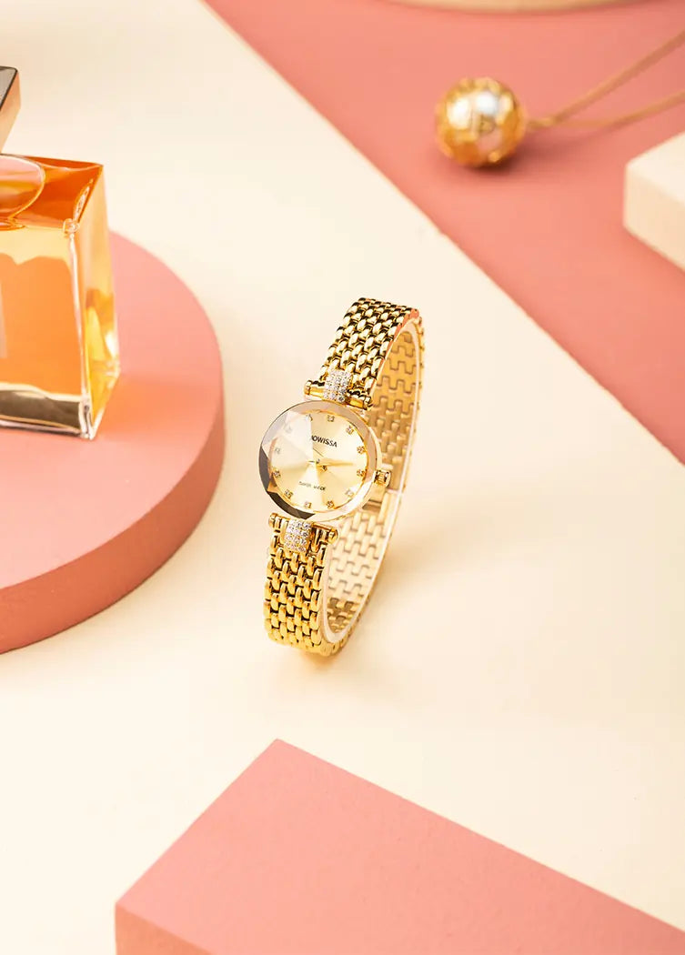 Jowissa Facet Strass 25mm Womens Watch J5.629.S. Gold Case and gold dial with sunray effect. Golden 12 mm Stainless Steel bracelet. Faceted Swiss Made Watch for ladies. The perfect dresswatch.