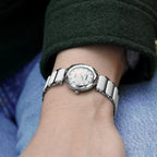 White and silver petite ladies watch with a scratch resistant ceramic bracelet and sapphire crystal. All Swiss Made.