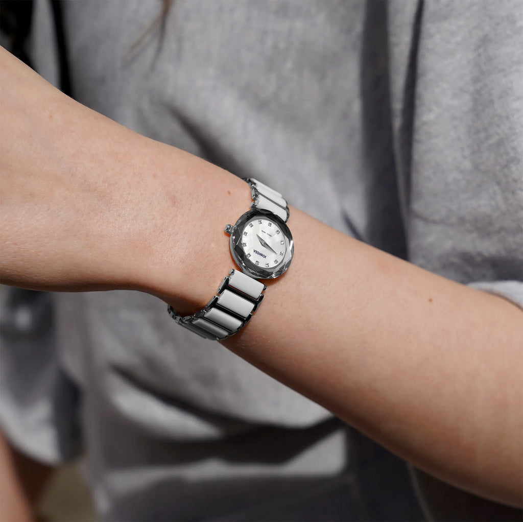 Swiss silver watch for women - with silver and white strap and dial - all swiss made watch for women