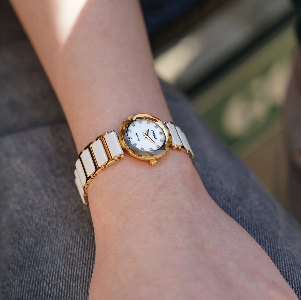 Swiss white watch for women with white strap and gold details - all swiss made