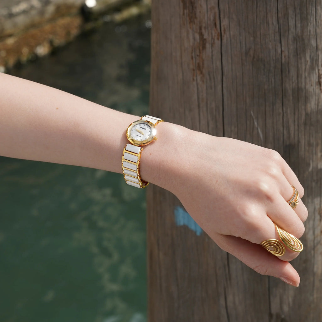 Swiss watch for women with white and gold strap and dial - all swiss made watch for women