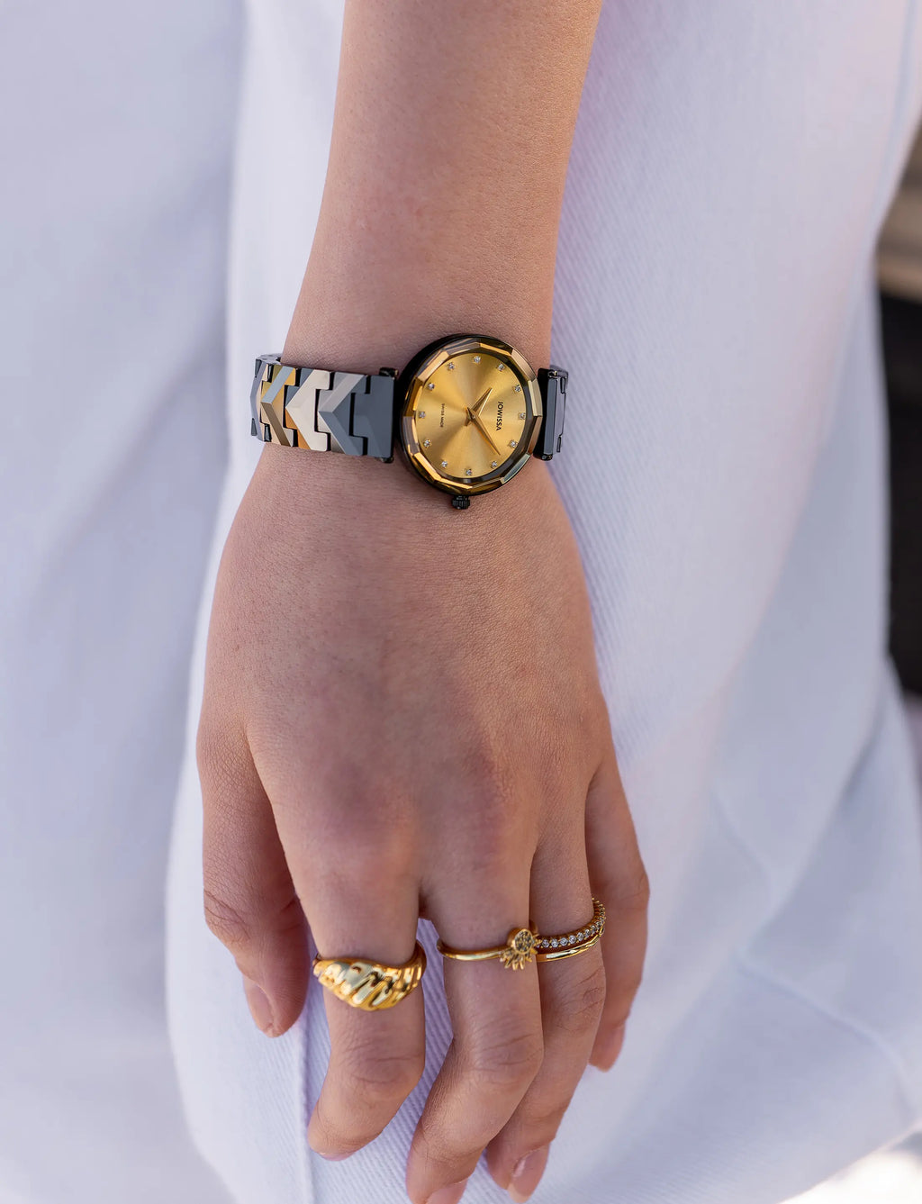 Swiss ladies watch with black strap and gold dial - all swiss made watch for women