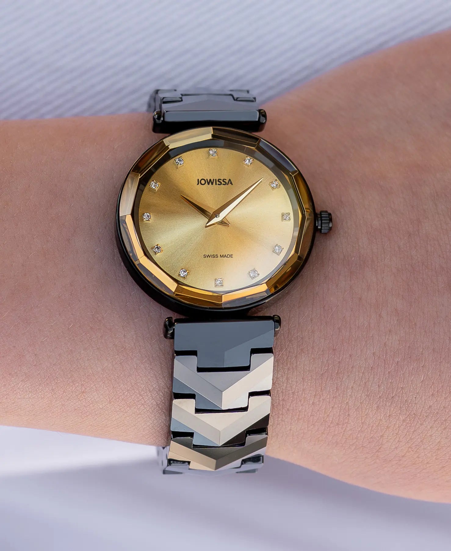 Gold Safira womens watch with black strap and gold dial - all swiss made watch