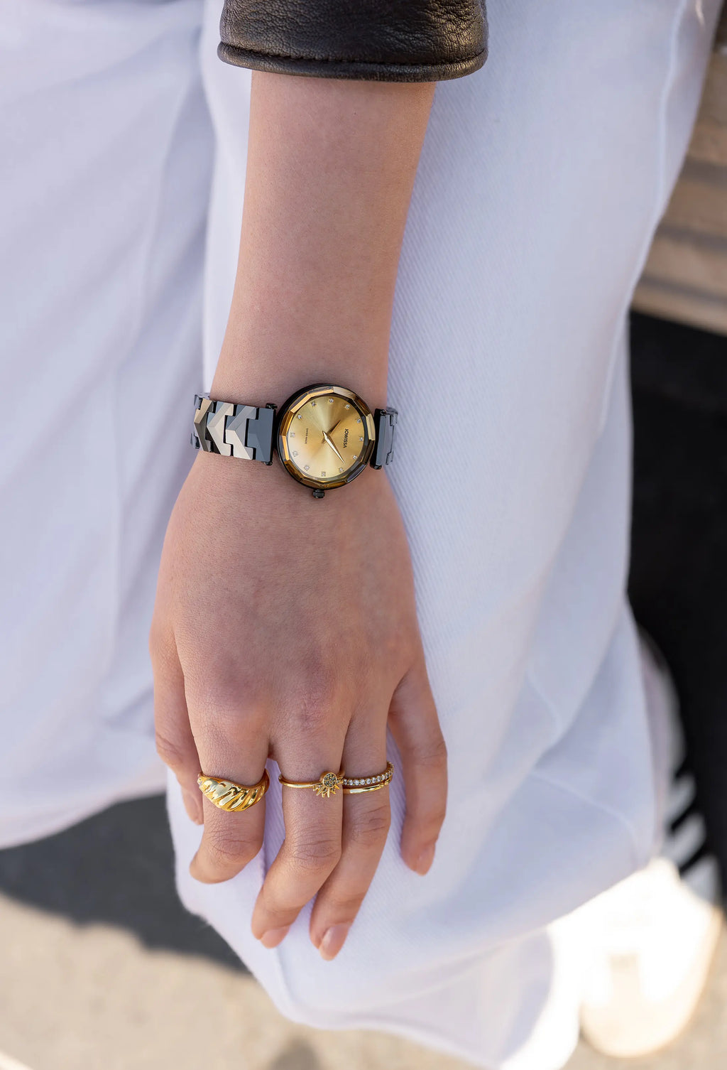 Swiss safira watch for women with black strap and gold dial - all swiss made watch for women