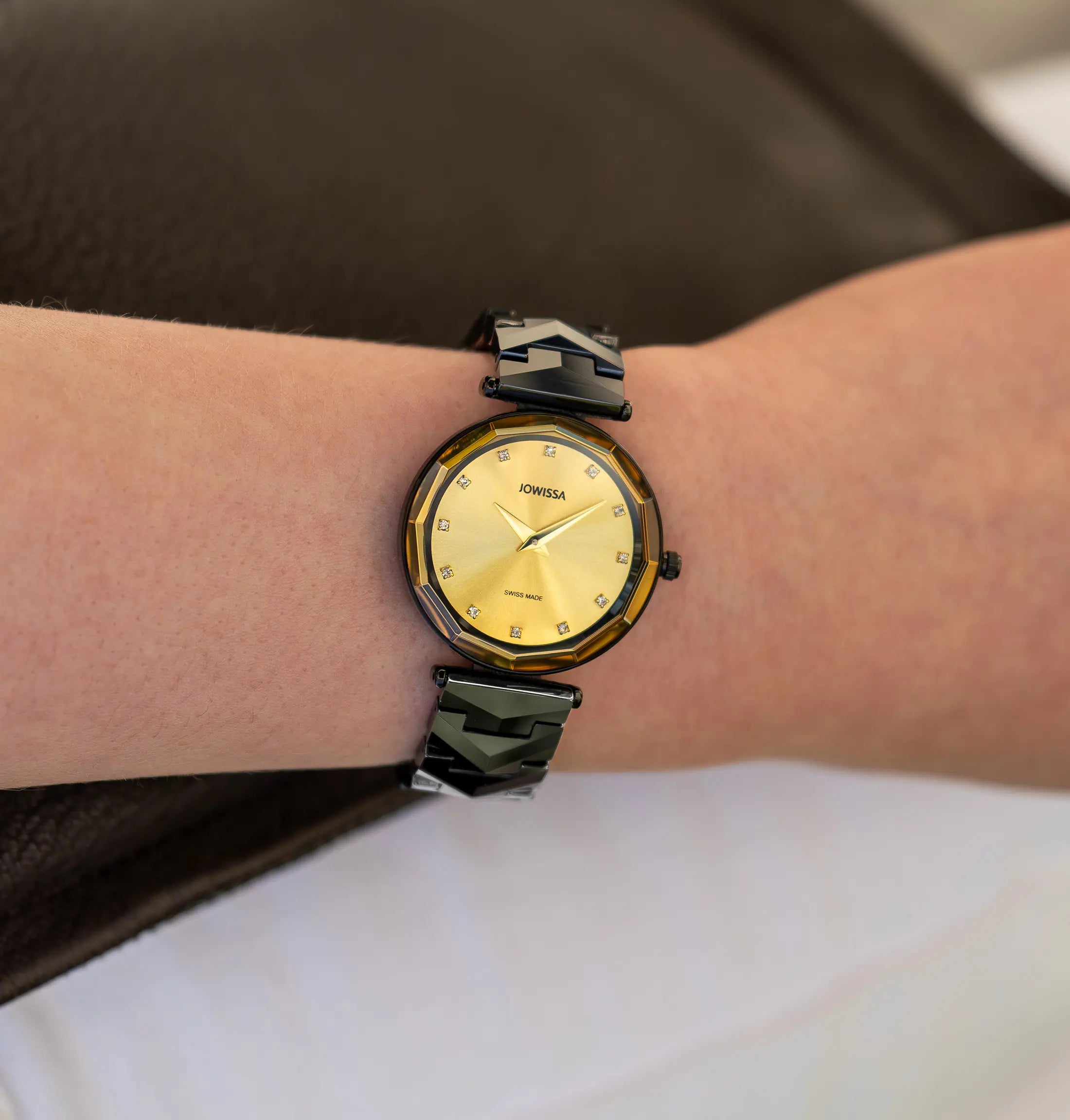 Swiss womens watch with black strap and gold dial - all swiss made watch for women 