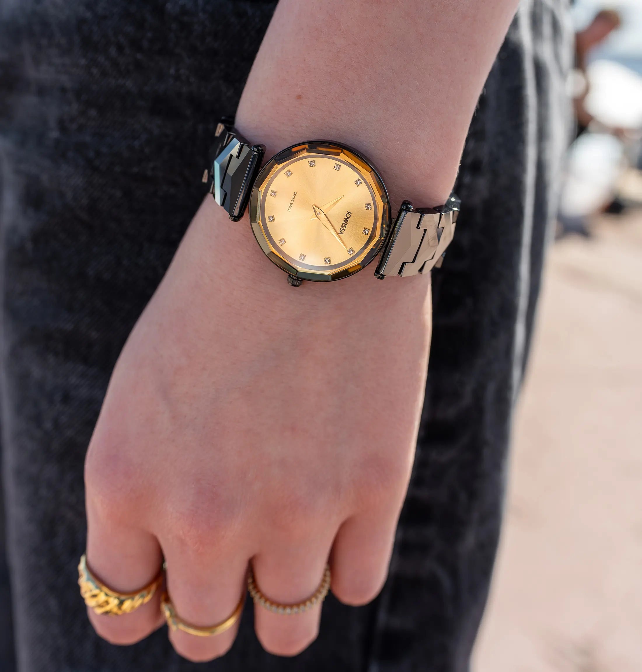 Swiss Safira Watch for Women with black strap and gold dial - all swiss made watch for ladies