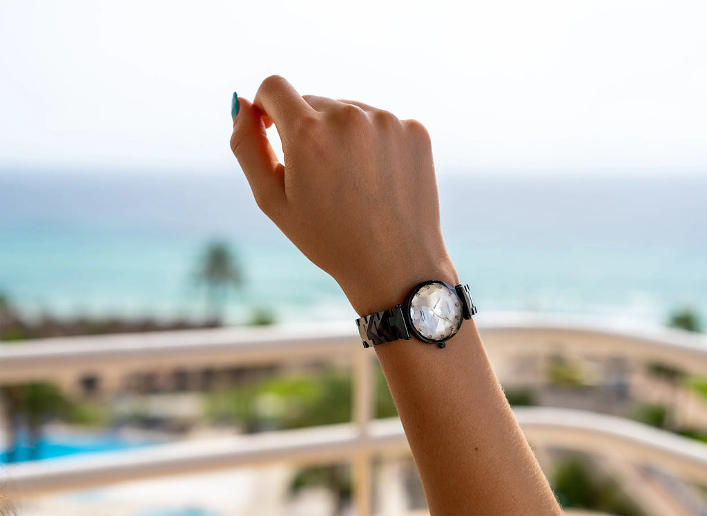 Magic sapphire watch for women with black strap and white dial - all swiss made watch for ladies
