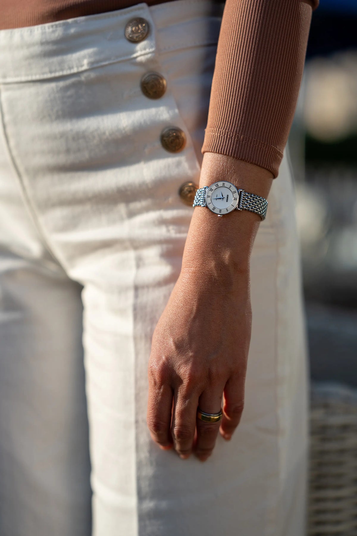 Swiss silver watch for women with silver strap and white dial with roman numbers - all swiss made watch for ladies