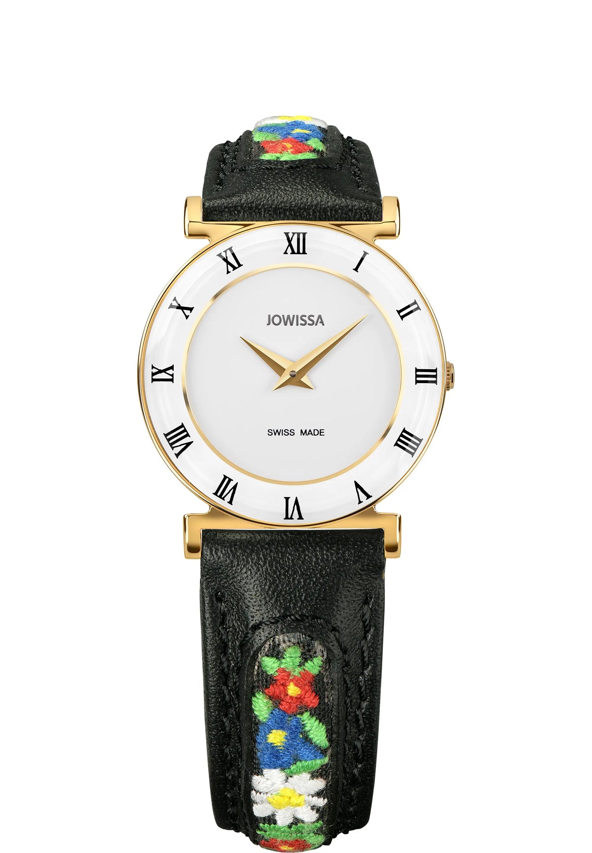 Roma swiss black watch for women - with black leather strap with floral details and white dial with roman numbers - all swiss made