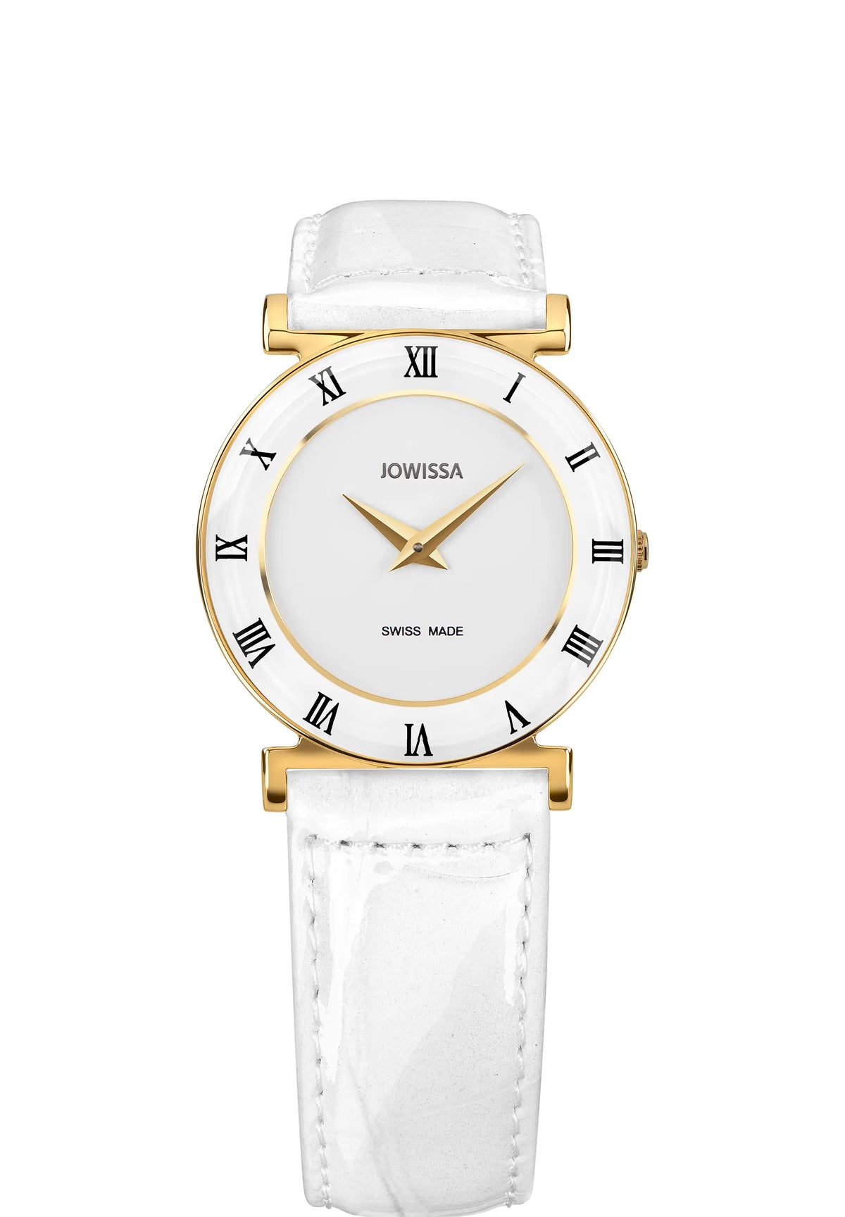 Swiss sapphire watch for women with white leather strap and white dial with gold details and roman numbers