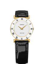 Swiss black watch for women with black leather strap and white dial with gold details - all swiss made