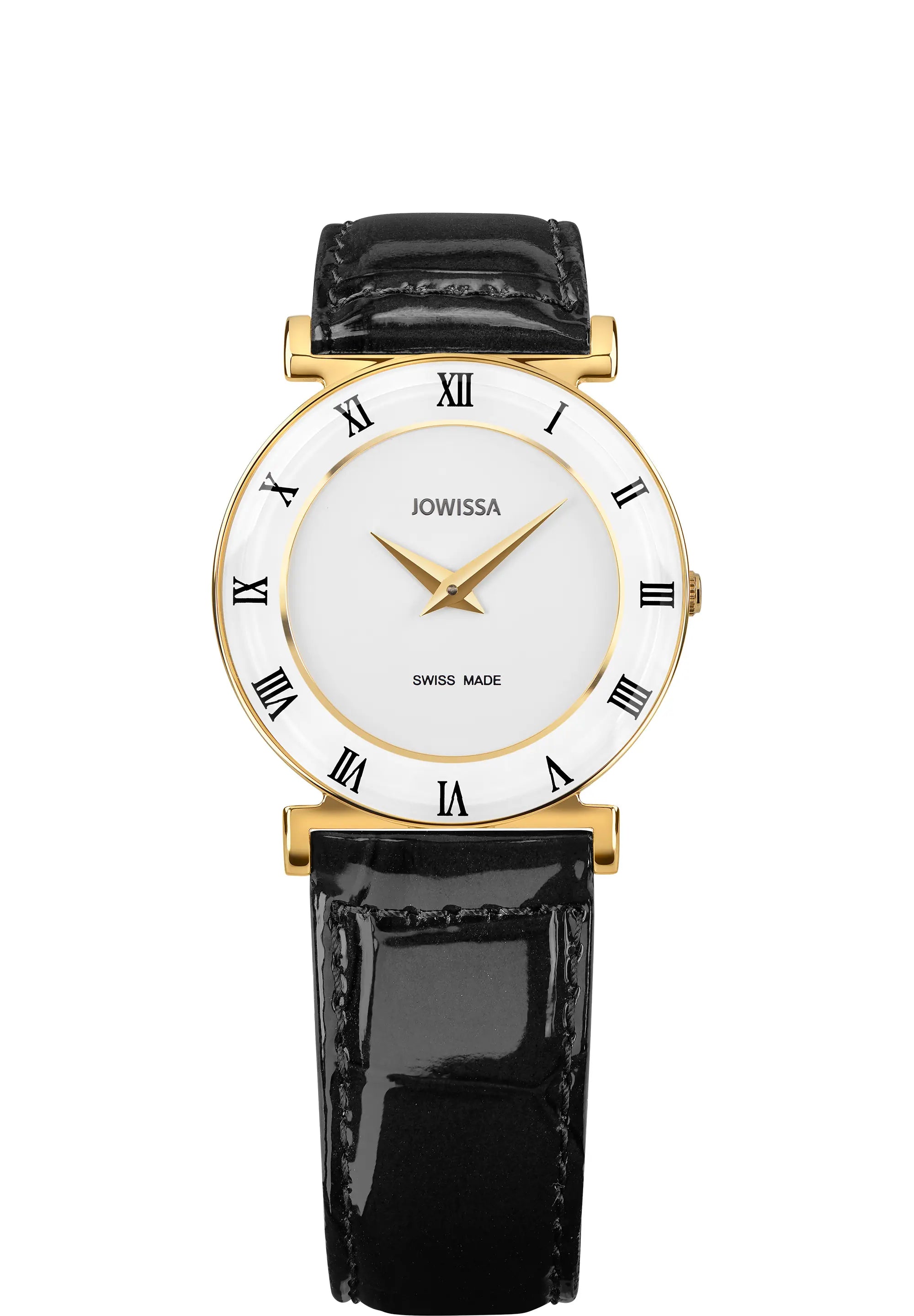 Swiss black watch for women with black leather strap and white dial with gold details - all swiss made