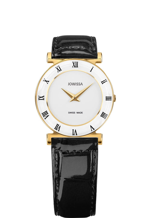 Swiss black watch for women with black leather strap and white dial with gold details - all swiss made