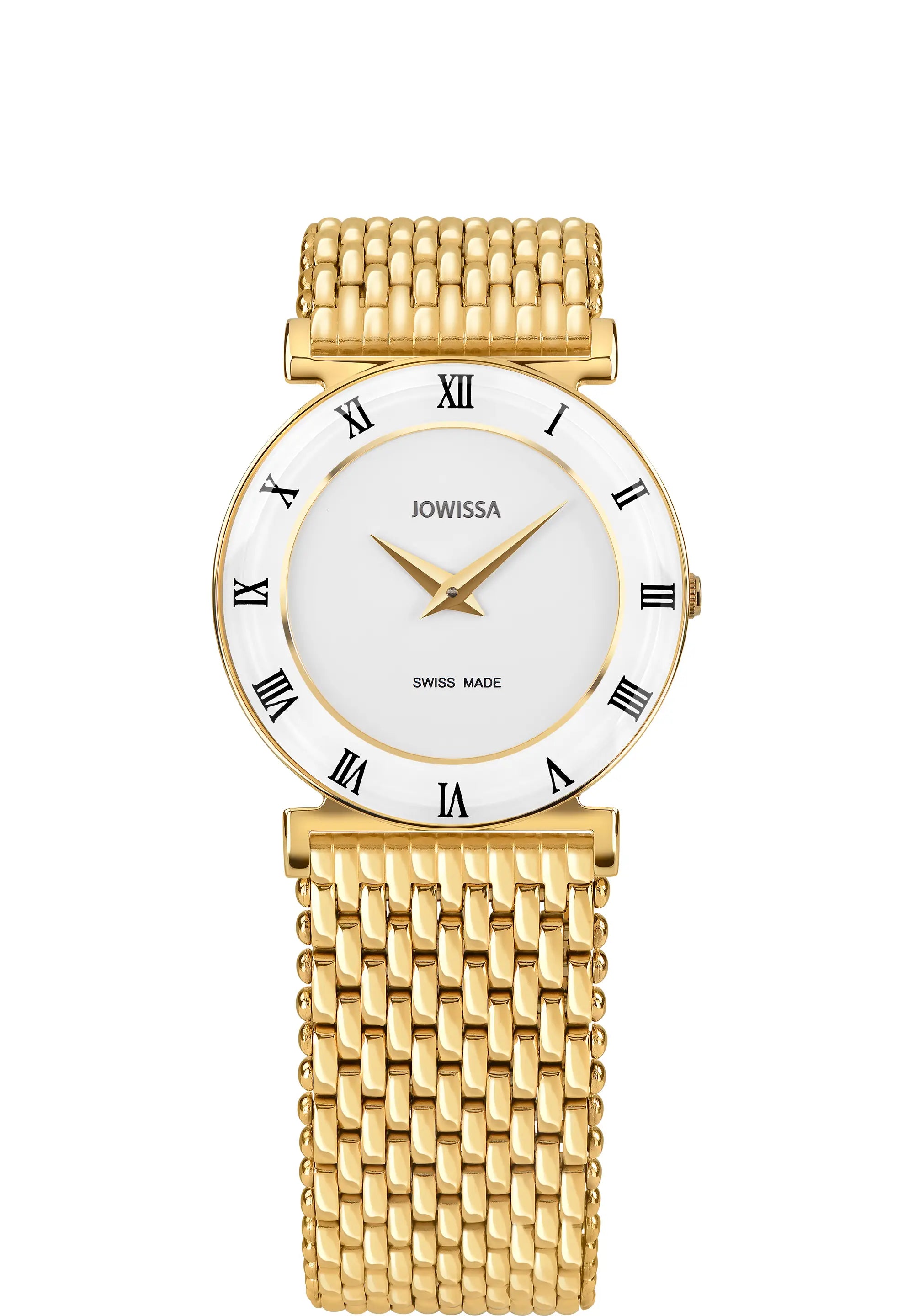Sapphire gold watch for women with gold strap and white dial - all swiss made watch with roman numbers