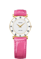 Swiss pink watch for women with pink leather strap and white dial with roman numbers 