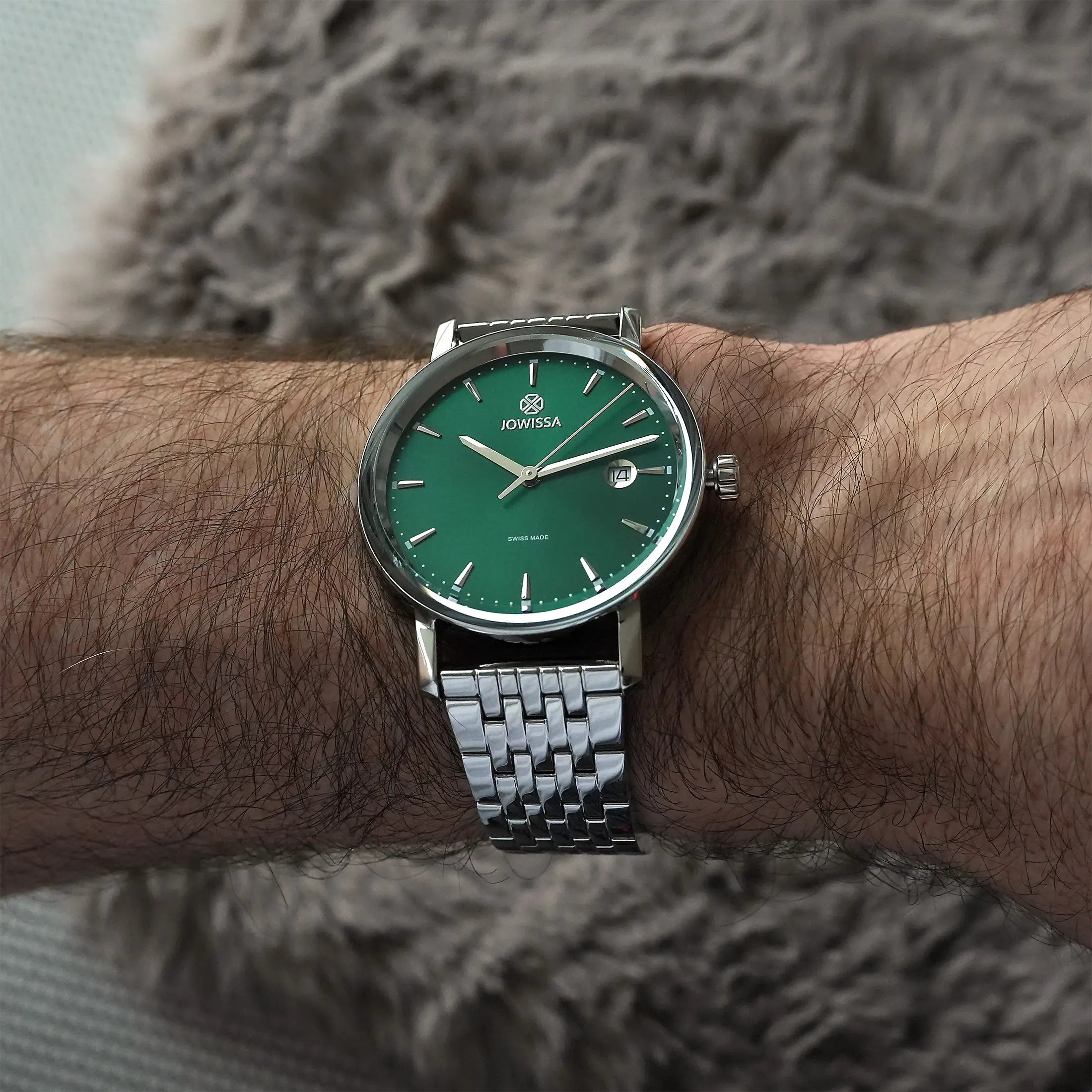 Swiss green watch for men - with silver strap and green dial - all swiss made watch for men