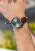 Gents watch, 40mm case with a pale green sunray dial, stainless steel case 40mm and a brown leather strap. All Swiss Made. Magno Jowissa Timepiece.