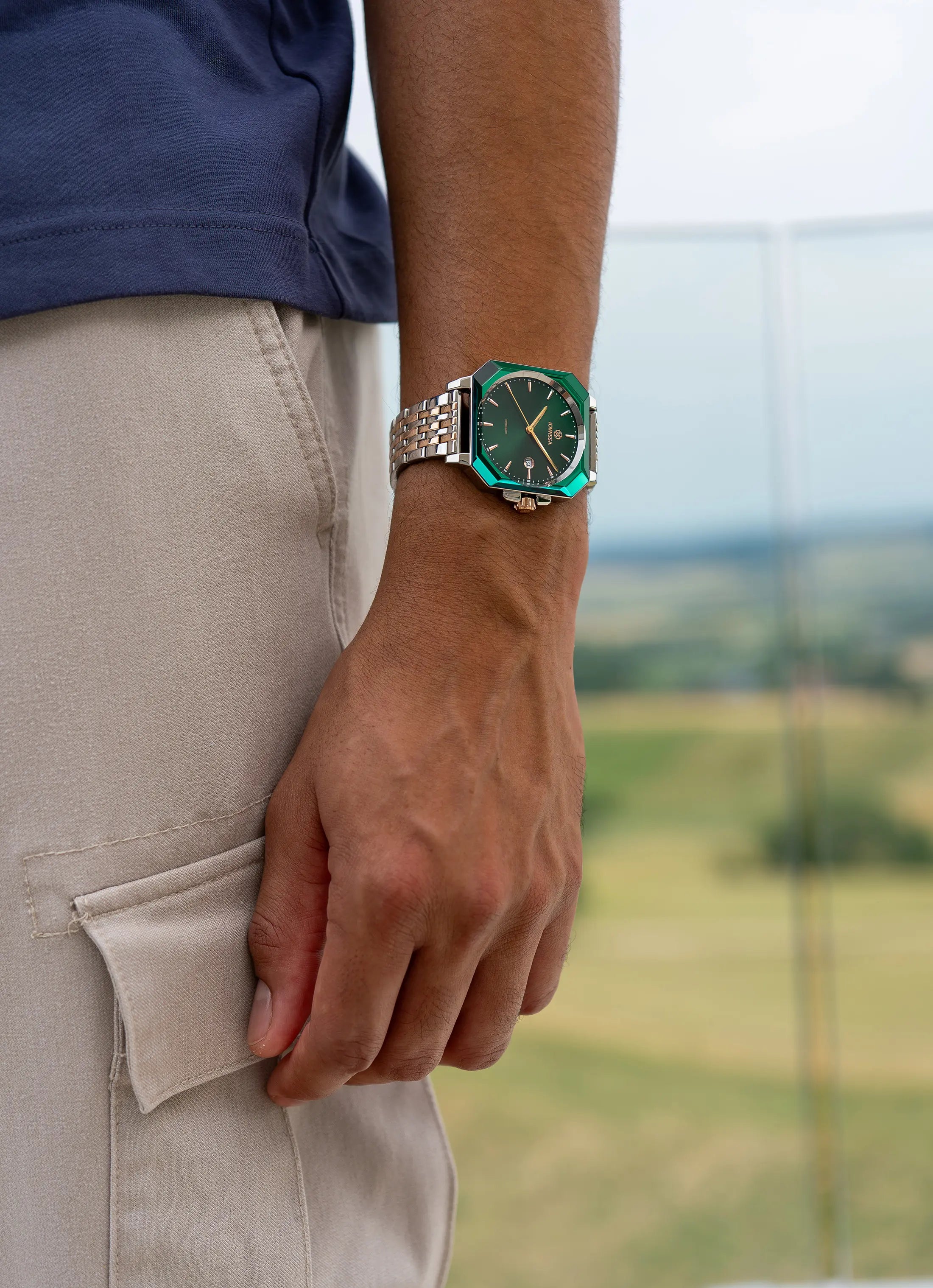 Swiss octa 3 green watch for men - with silver strap and green dial - all swiss made watch for men