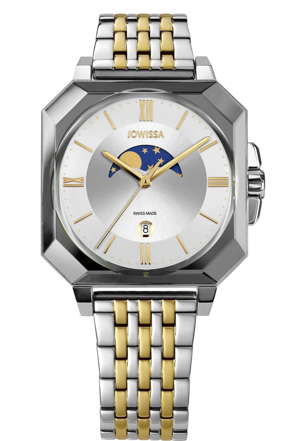 Two-tone watch with silver and gold band on a white background. Moon phases on the dial. Swiss Mens Watch by Jowissa. Octa collection