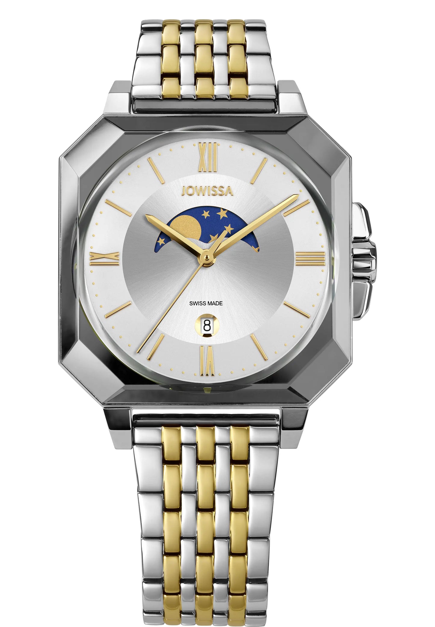 Two-tone watch with silver and gold band on a white background. Moon phases on the dial. Swiss Mens Watch by Jowissa. Octa collection