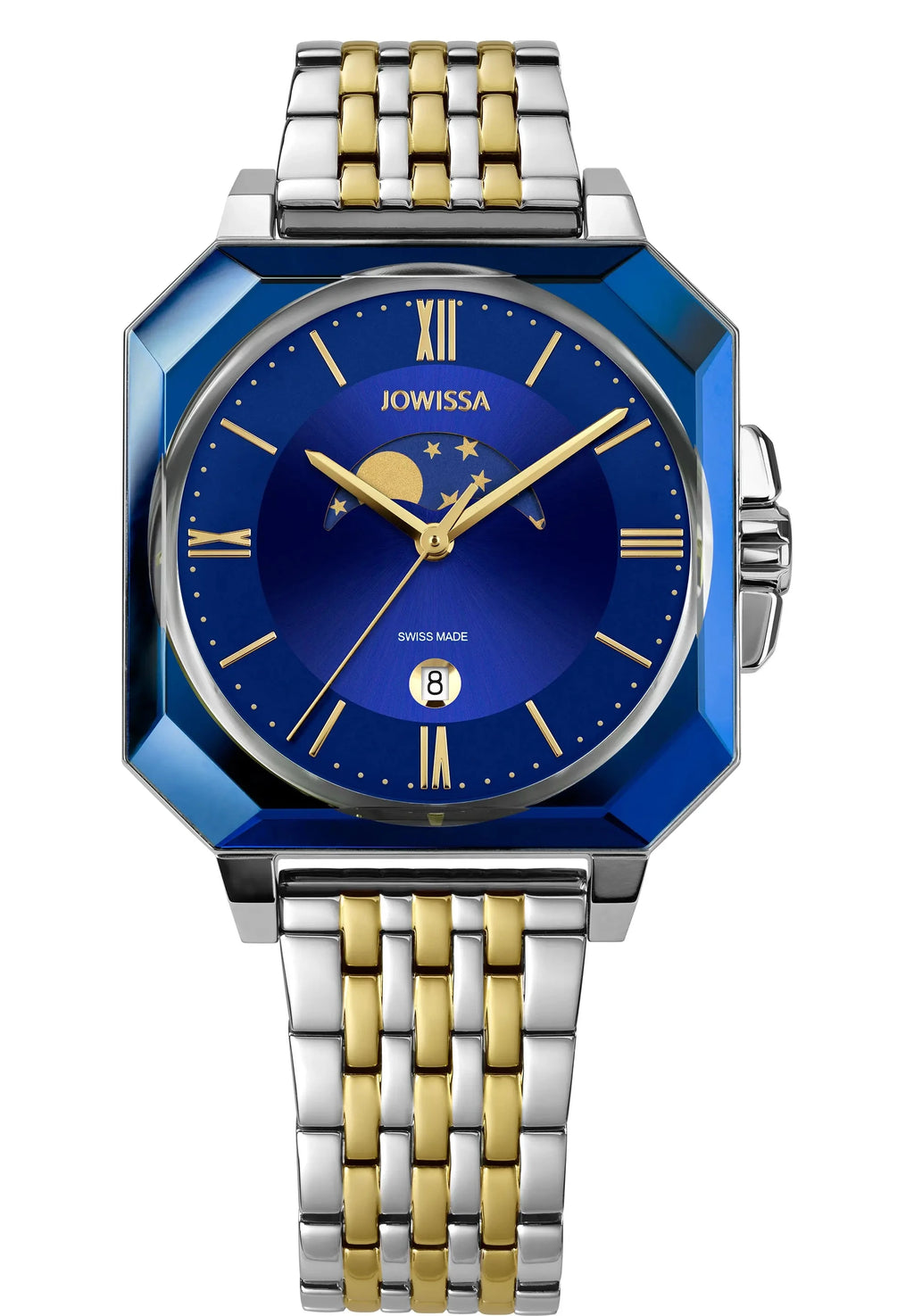 Swiss Moon phases Watch Octa by Jowissa. Rectangular Mens watch all swiss made with blue dial and gold index