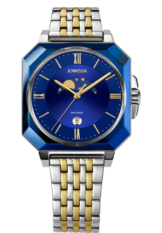 Swiss Moon phases Watch Octa by Jowissa. Rectangular Mens watch all swiss made with blue dial and gold index