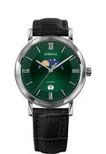 Swiss black watch for men with black leather strap and green dial with silver detail in the front - all swiss made watch