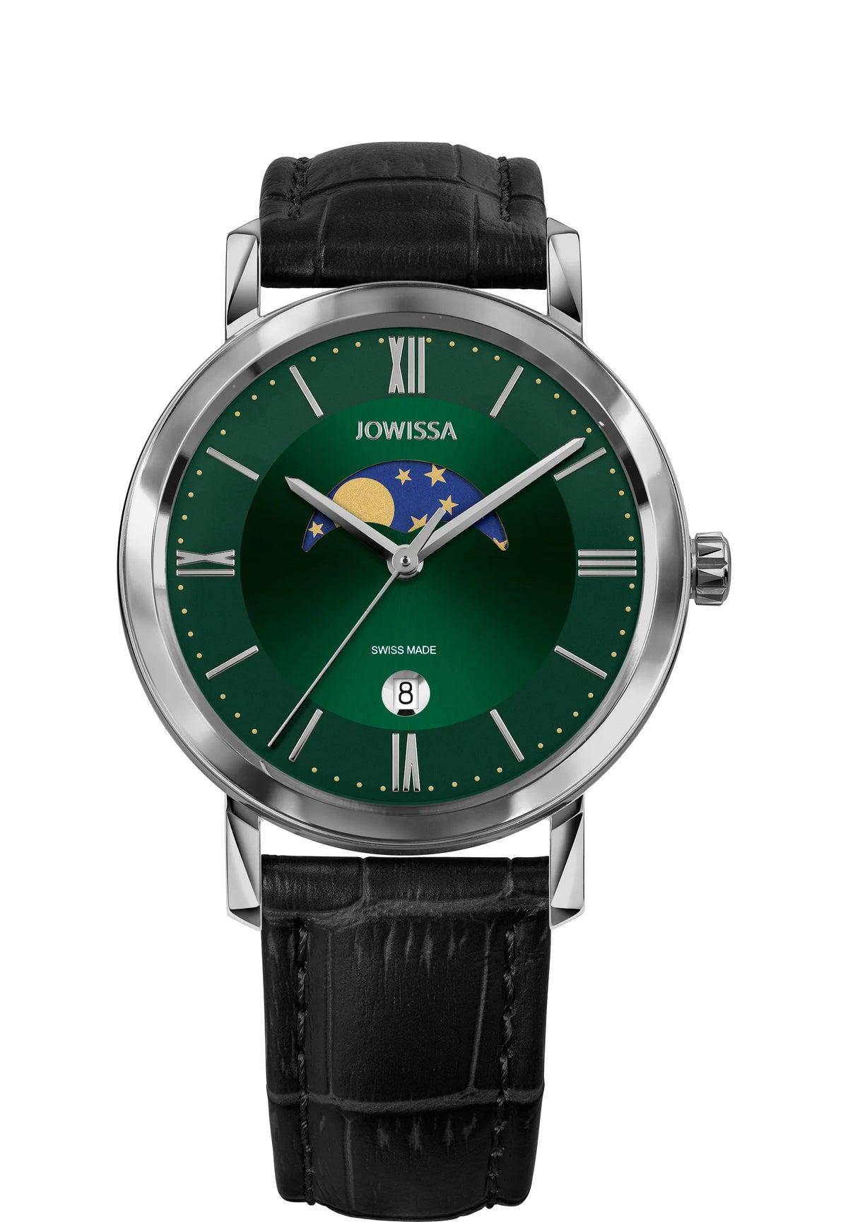 Swiss black watch for men with black leather strap and green dial with silver detail in the front - all swiss made watch