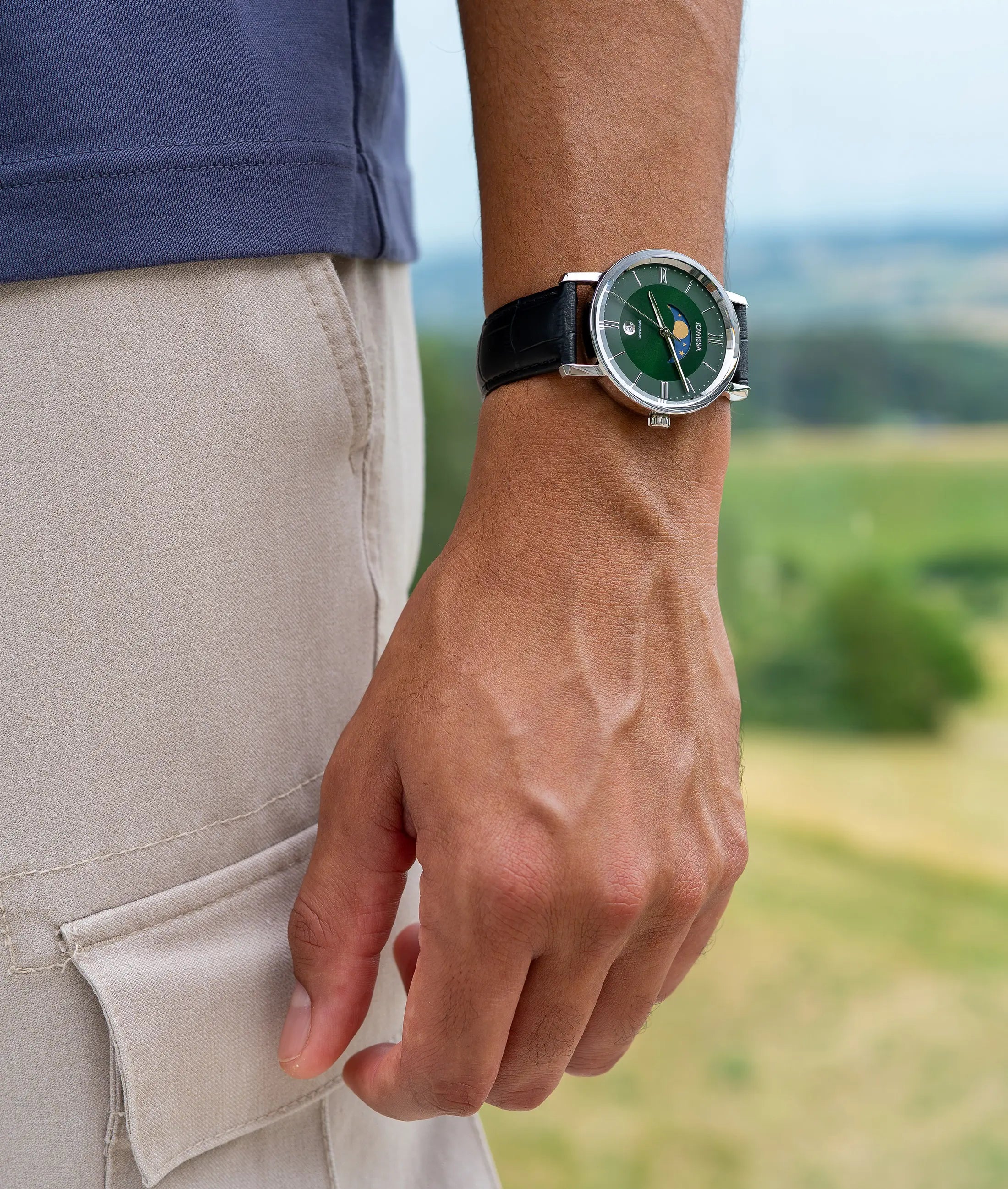Swiss green watch for men - with black leather strap and green dial with moon and stars details - all swiss made watch for men