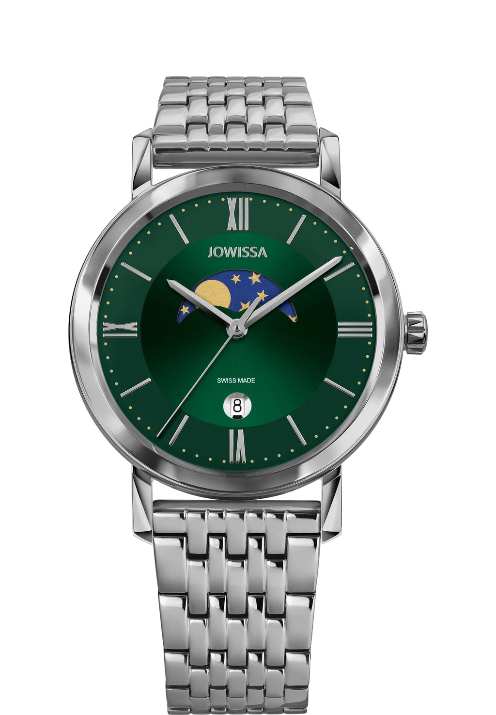Swiss silver watch for men with silver strap and green dial with details of the moon and stars and roman numbers