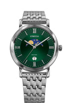 Swiss silver watch for men with silver strap and green dial with details of the moon and stars and roman numbers