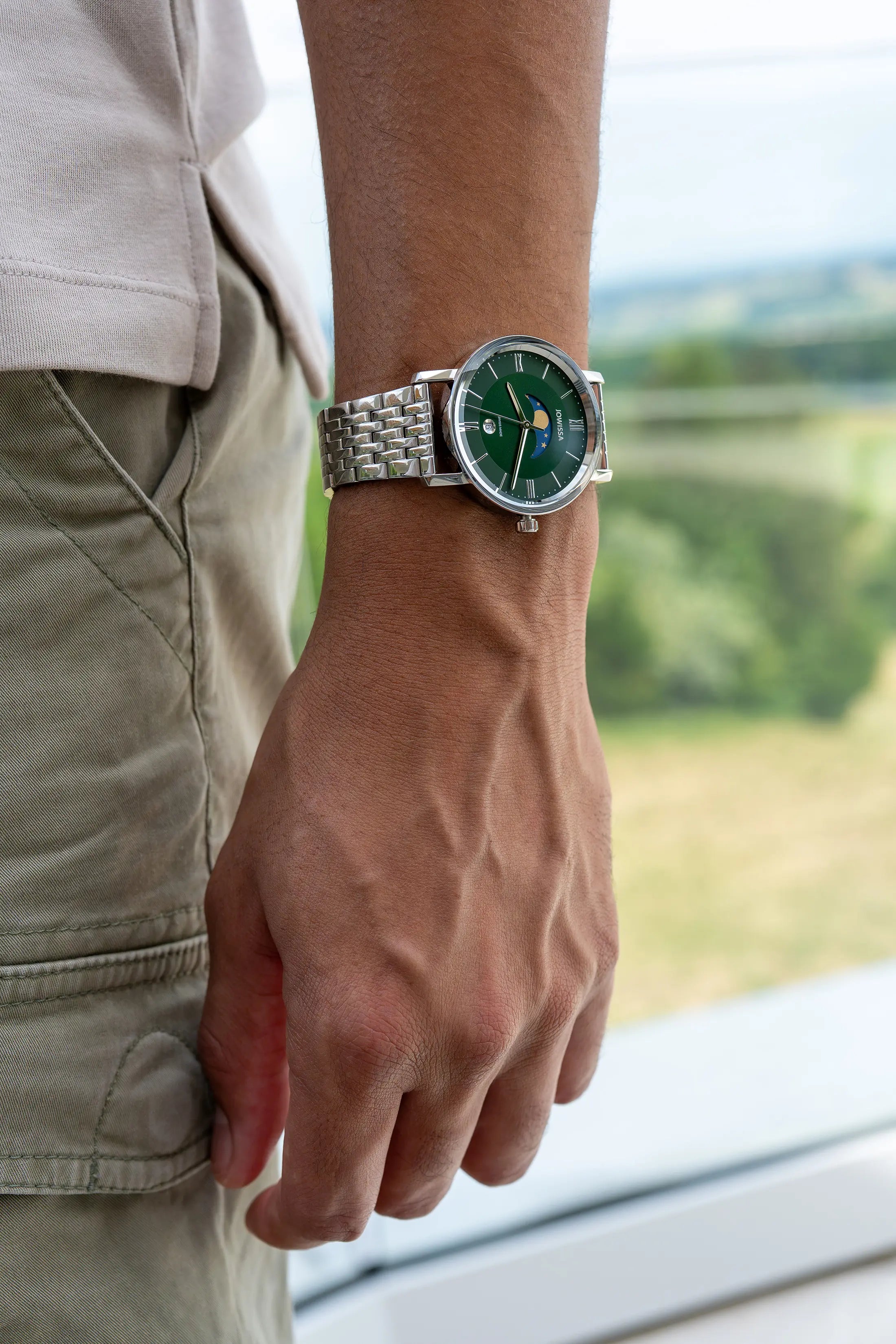Swiss green watch for men - with silver strap and green dial with moon and stars - all swiss made watch for men