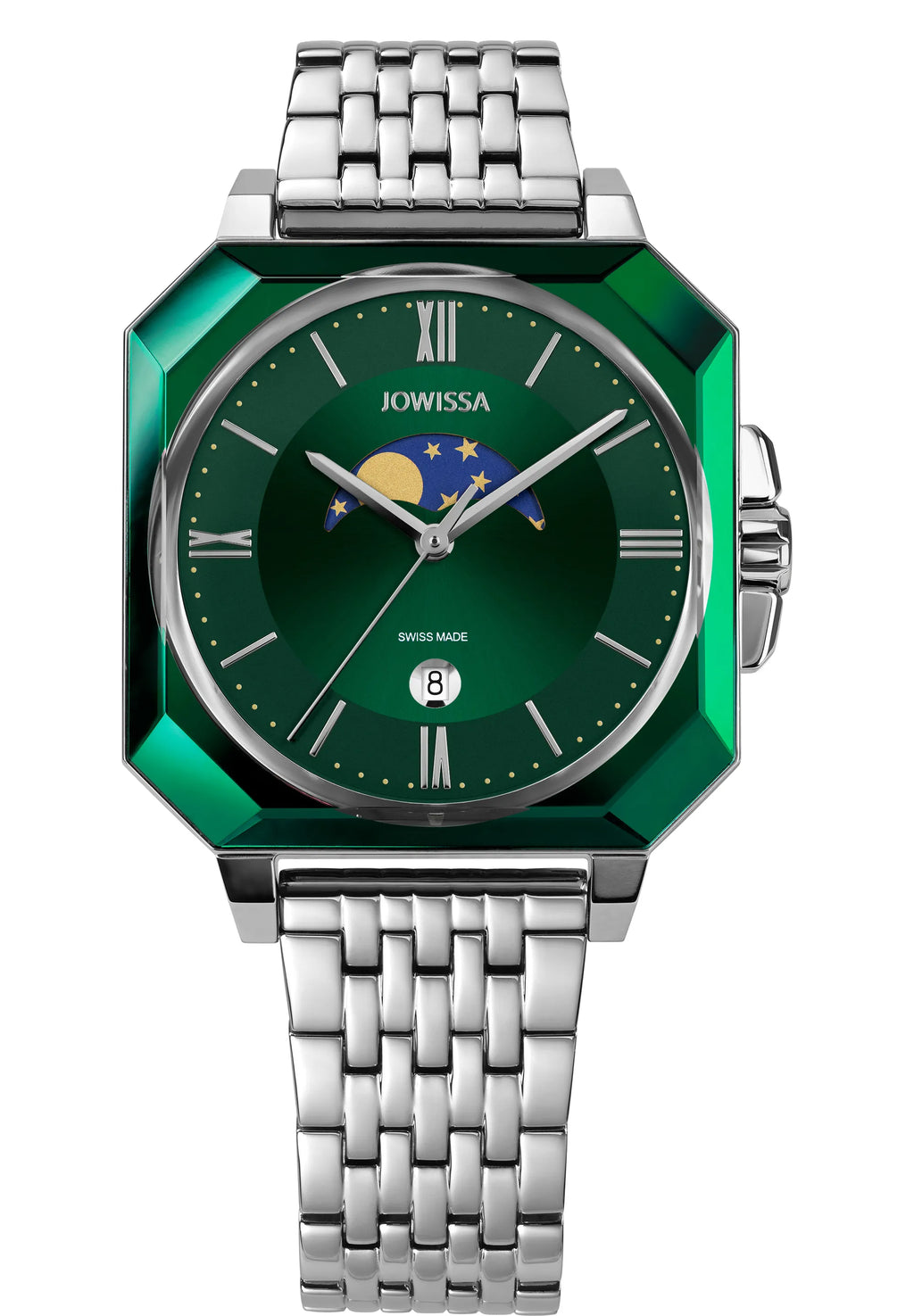 Swiss silver and green watch for men with silver strap and green dial with details of the moon and stars in the front and roman numbers