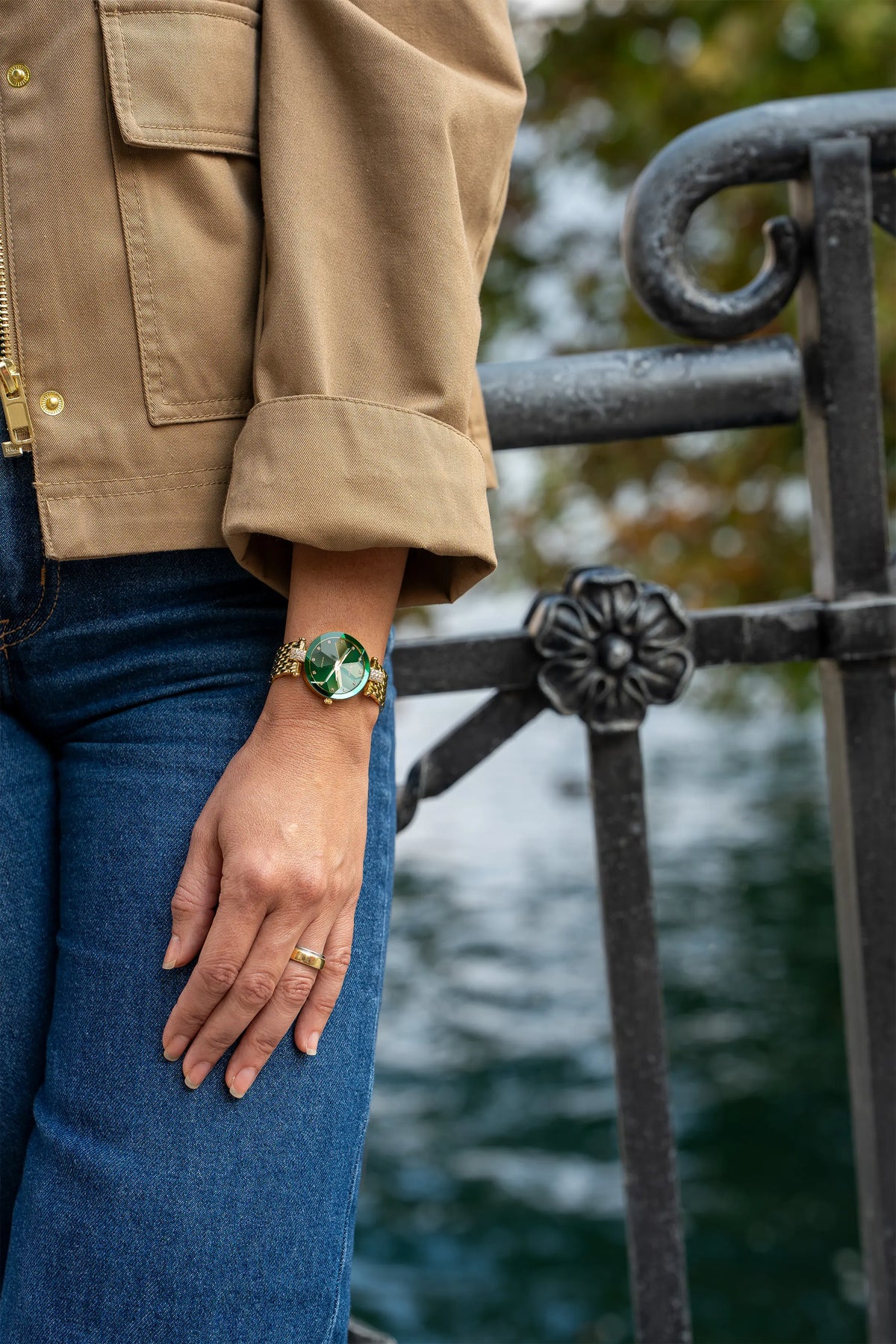 Swiss gold watch for ladies with gold strap and green dial - all swiss made watch for women