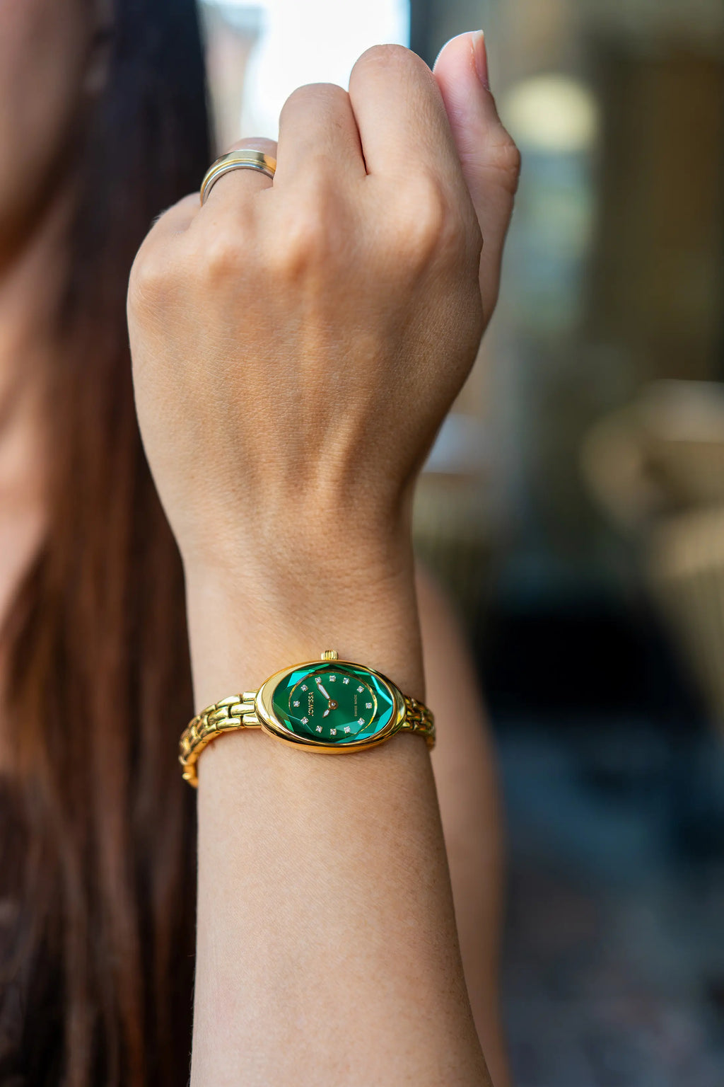 Green Swiss Watch for Women with gold strap and green dial - all swiss made watch. Cocktail Watch for Ladies