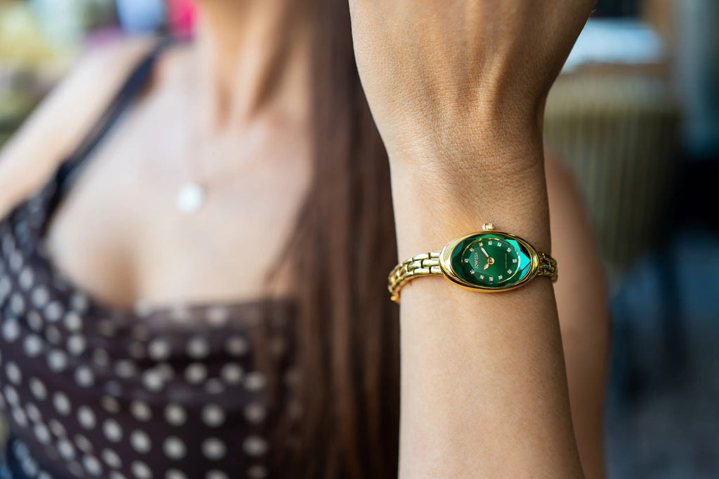Swiss green watch for women with gold strap and green dial - all swiss made watch for ladies