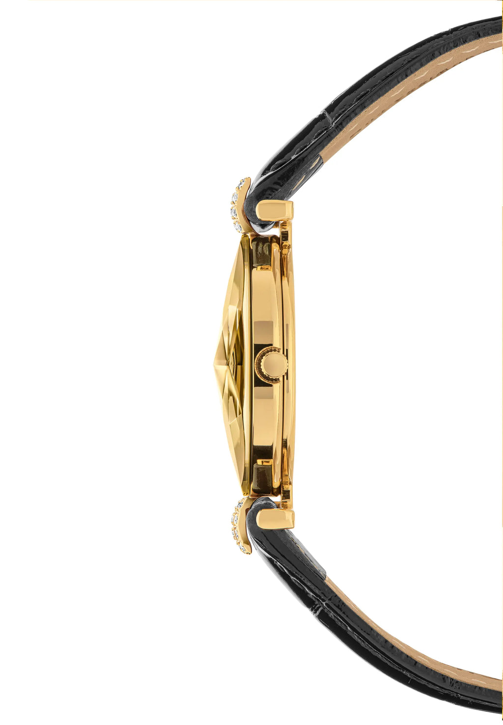 Close-up side profile of a gold-tone Jowissa wristwatch with a black leather strap. This Facet Strass ladies watch is all Swiss Made.