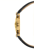 Close-up side profile of a gold-tone Jowissa wristwatch with a black leather strap. This Facet Strass ladies watch is all Swiss Made.