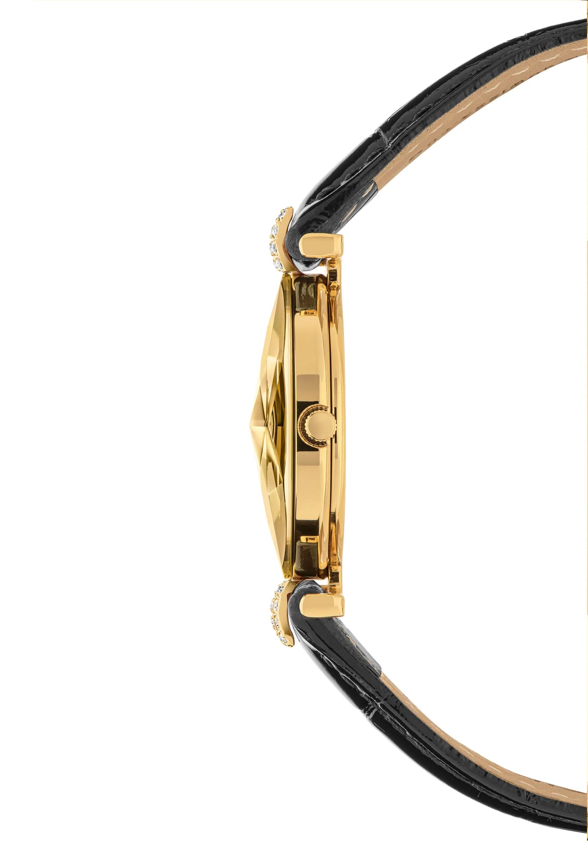 Close-up side profile of a gold-tone Jowissa wristwatch with a black leather strap. This Facet Strass ladies watch is all Swiss Made.