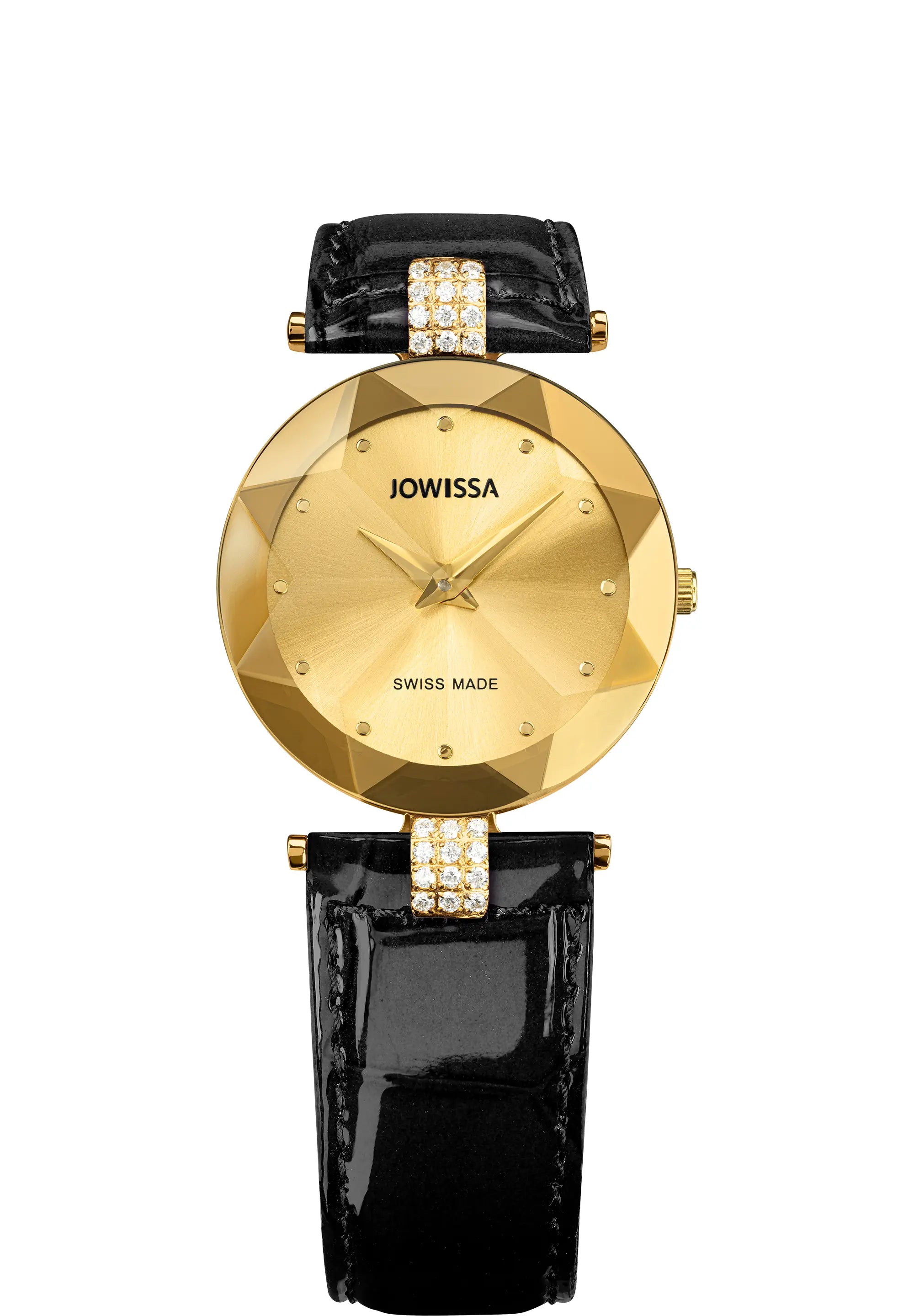 A Jowissa women's watch featuring a faceted gold-tone round dial, gold-tone hands and markers, a glossy black alligator-textured leather strap, and two decor elements with strass stones.