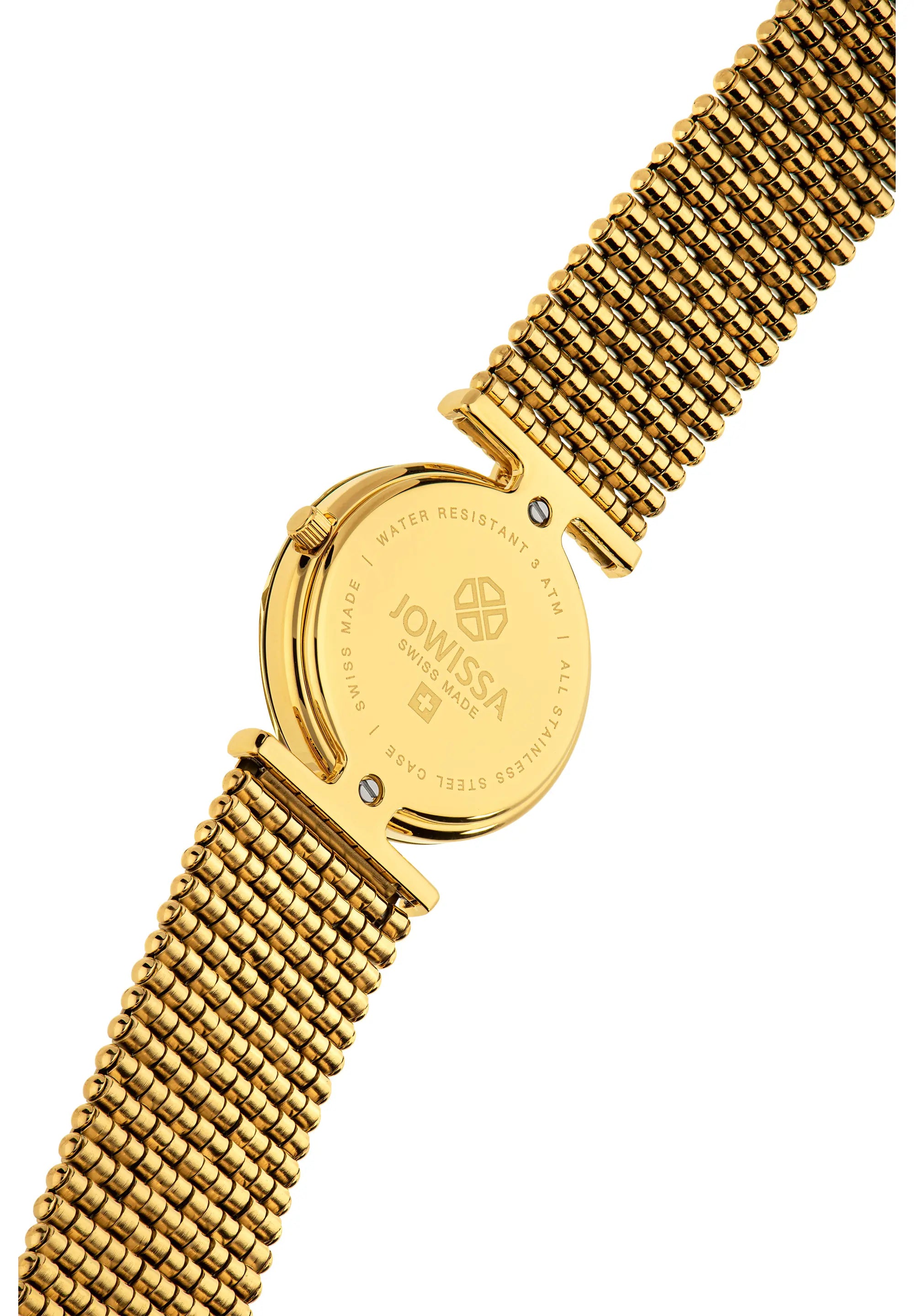 Facet Strass j5.010.M Jowissa womens timepiece. Close-up of the back of the Swiss Made gold-tone wristwatch with a mesh metal band, showing the Jowissa brand name and logo engraved on the case.