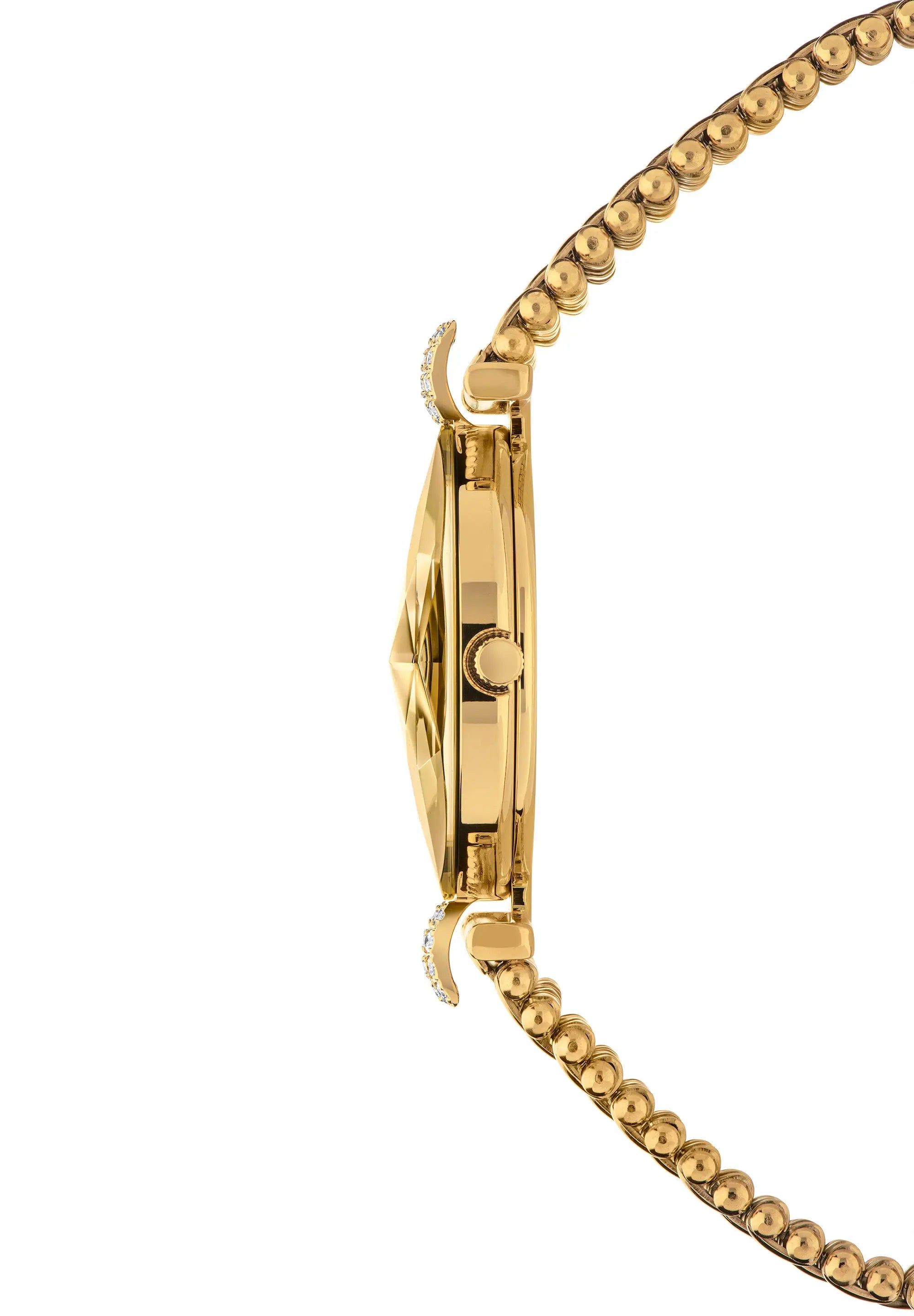 Close-up side profile of a gold-tone ladies watch with a beaded bracelet, showing the side case, crown, and bracelet links. Facet Strass Swiss Made timepiece.