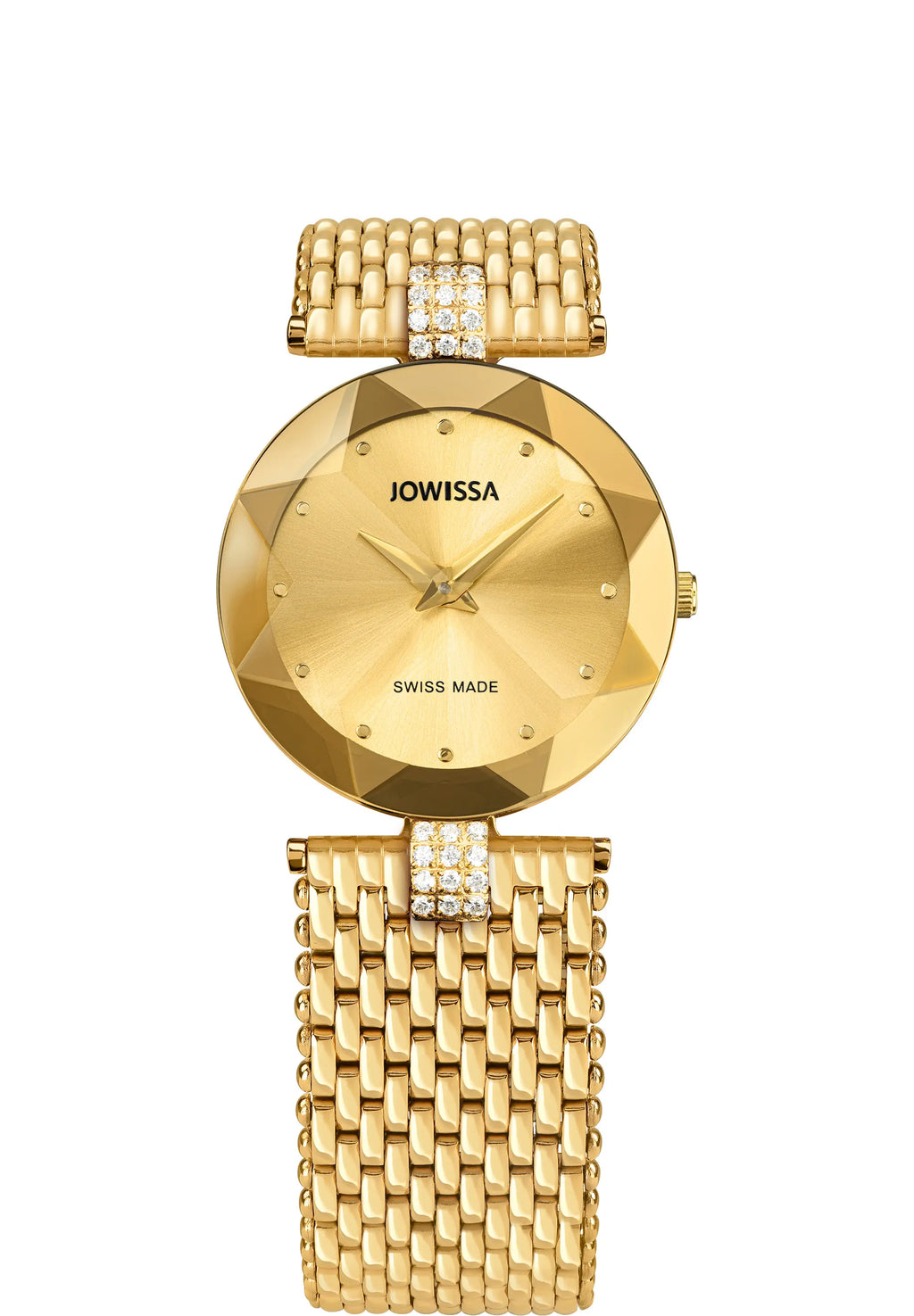 A gold-tone Jowissa Swiss Made women's watch with a faceted round dial, gold mesh bracelet, and crystal-accented links on the upper and lower bracelet sections.