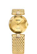 A gold-tone Jowissa Swiss Made women's watch with a faceted round dial, gold mesh bracelet, and crystal-accented links on the upper and lower bracelet sections.