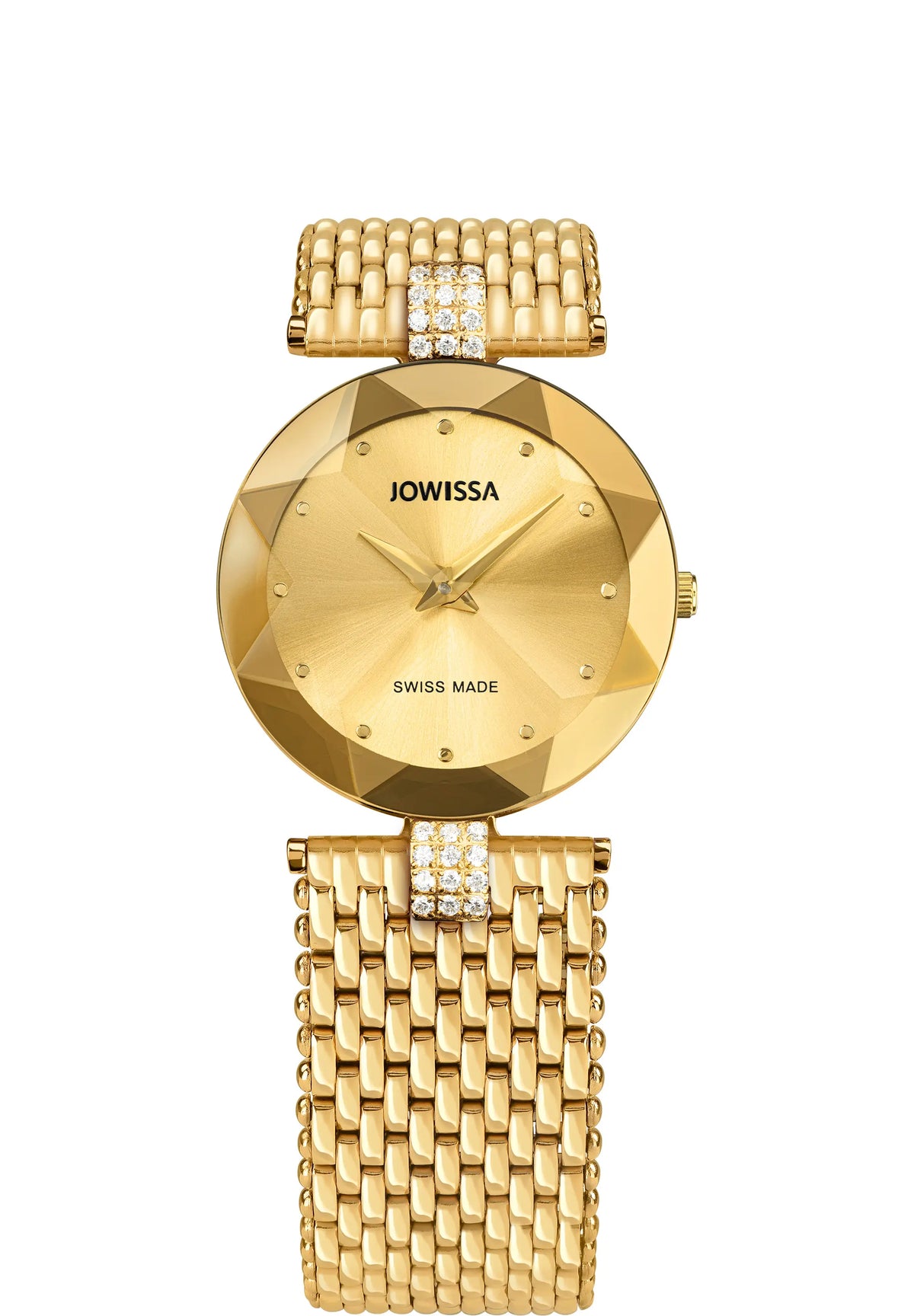 A gold-tone Jowissa Swiss Made women's watch with a faceted round dial, gold mesh bracelet, and crystal-accented links on the upper and lower bracelet sections.