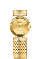 A gold-tone Jowissa Swiss Made women's watch with a faceted round dial, gold mesh bracelet, and crystal-accented links on the upper and lower bracelet sections.