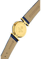 Close-up of the back of a Jowissa wristwatch with a gold-tone case and a blue leather strap. Womens Timepiece.