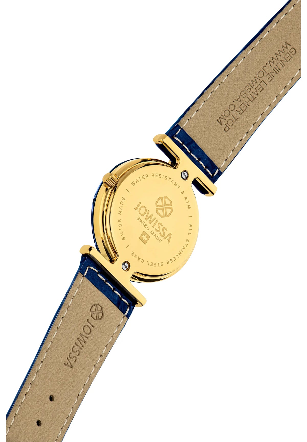 Close-up of the back of a Jowissa wristwatch with a gold-tone case and a blue leather strap. Womens Timepiece.